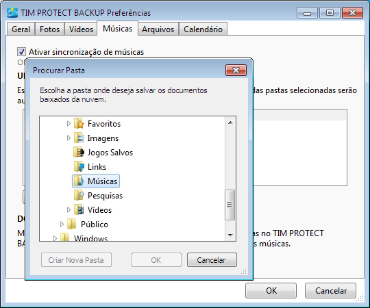 UpLoad: Selecione as pastas desejadas Tim Protect Backup, Music ou escolha outras