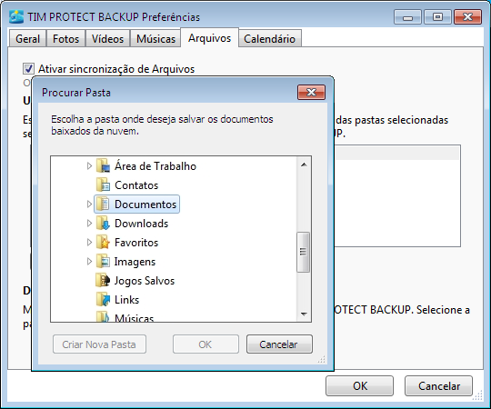 UpLoad: Selecione a pasta Tim Protect Backup, ou escolha outras pastas para