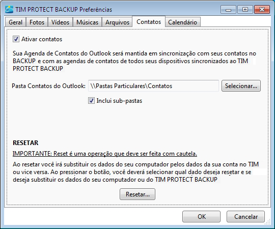 4.6 Contatos Essa opção permite que você sincronize os contatos do Outlook do seu computador com o Tim Protect Backup armazenando-os na nuvem.