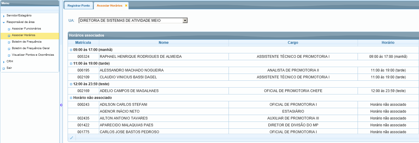 na parte esquerda inferior associando-o a um dos horários de jornada previamente cadastrados pelo CRH.