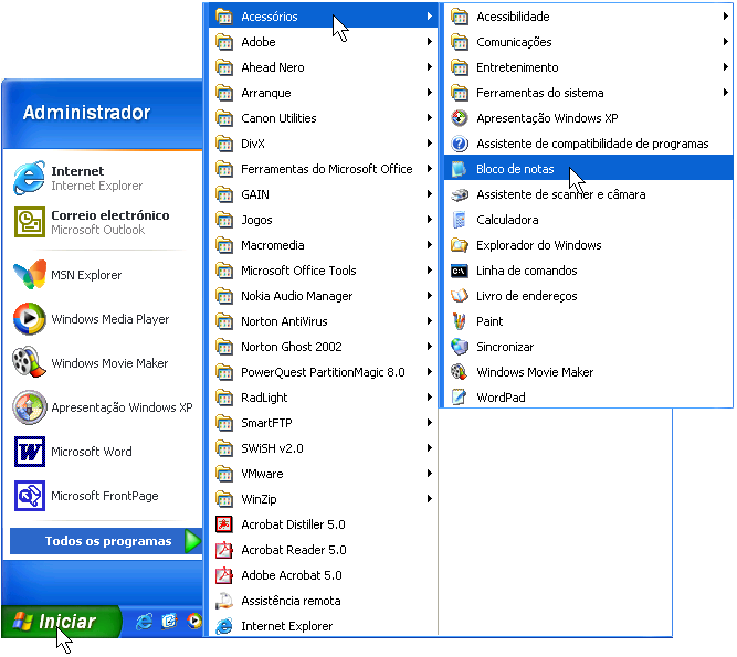 INICIAR E SAIR DE PROGRAMAS A maior parte dos programas instalados no seu computador estão disponíveis a partir de um local conveniente: a secção Programas do menu Iniciar.