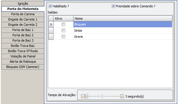 - IGNIÇÃO: Este item permite que seja vinculado um bloqueio quando for desligada a ignição do veículo.