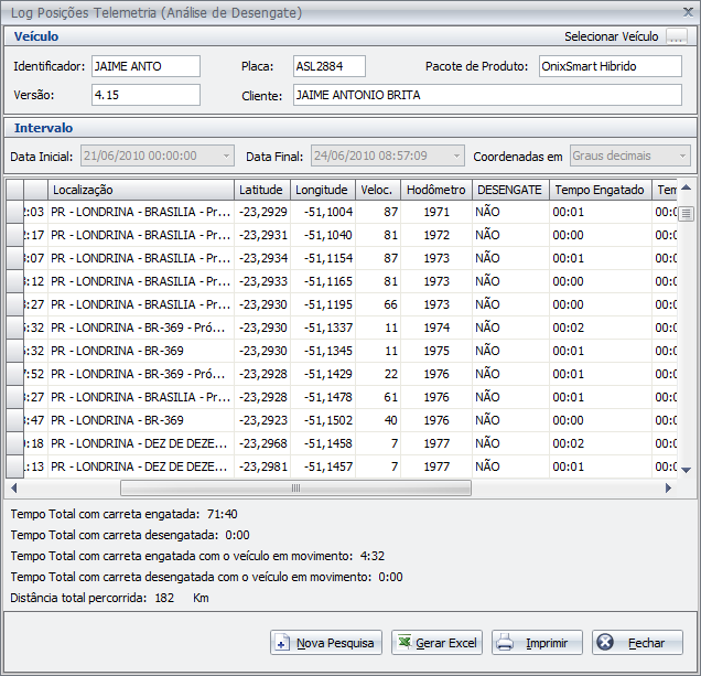 Relatórios - Para os relatório de telemetria, existem 4 tipos de análise: desengate, RPM, viagens e o consumo de combustível (para veiculo com sonda).