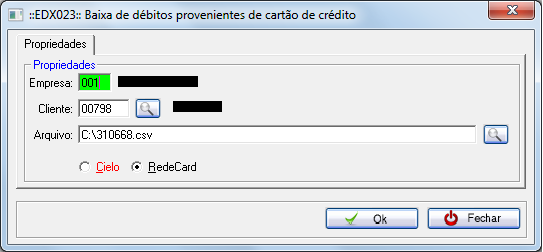 Após baixar o arquivo, abra o Menut, informe seu usuário e senha. Em seguida clique em Manutenção > Contas a Receber > Caixa > Baixar Cartão de Crédito, e o sistema abrirá a tela da figura 9.