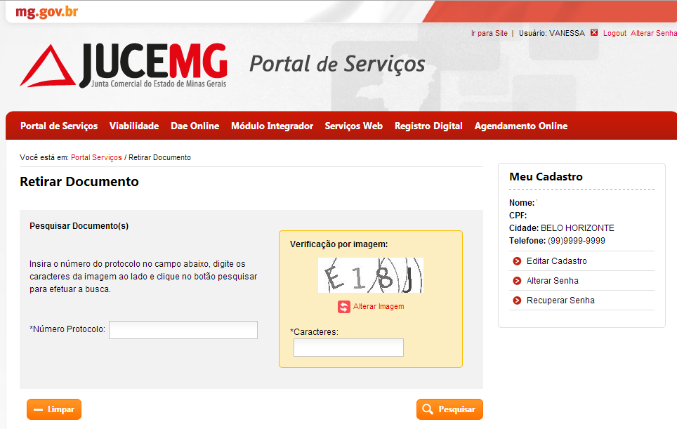 Figura 29:Tela Inicial do Portal de Serviços Informe o Número do protocolo do Registro Digital e os