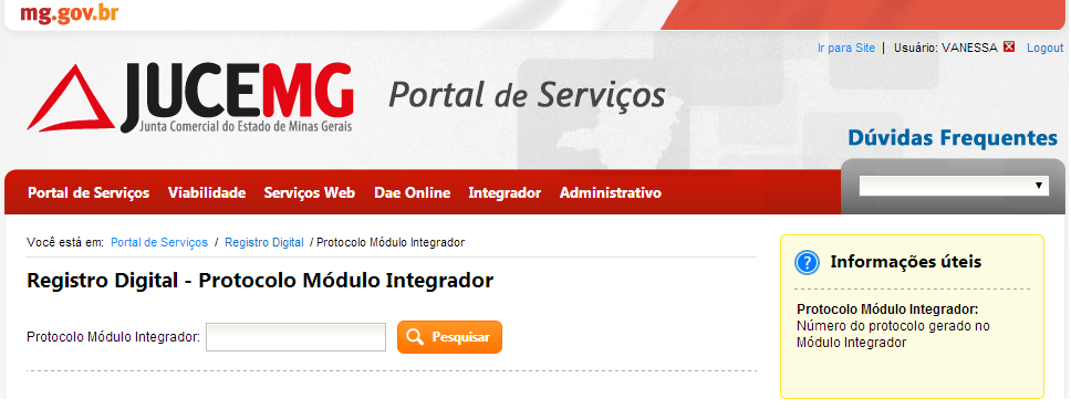 Figura 5: Tela Inicial do Registro Digital Em seguida, informe o número do Protocolo do Módulo Integrador e clique em Pesquisar.