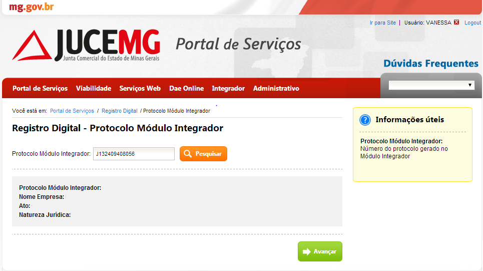 Serão exibidas na tela as seguintes informações: Número do Protocolo do Módulo Integrador, Nome da Empresa, Ato e a Natureza Jurídica. Após visualizar as informações, clique em Avançar.