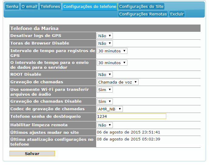 Configurações do Painel Habilite ou desabilite registros de GPS, do navegador e modificar o