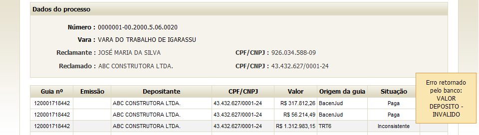 Imagem 11 - Exibição da data de depósito da guia Imagem 12 - Exibição do motivo da