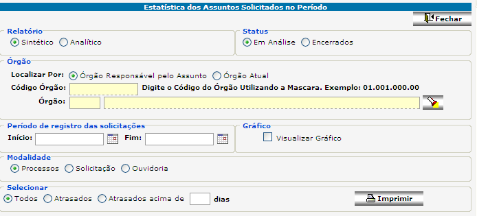 4. Relatórios Nesta parte do sistema o usuário poderá estar retirando os relatórios gerencias para análises. 4.1. Total de Processos por Órgão.