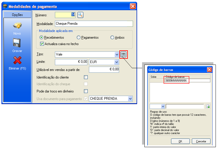 Para facilitar a identificação do talão na altura do seu desconto poderá ser definido um código de barras que identifique o documento.