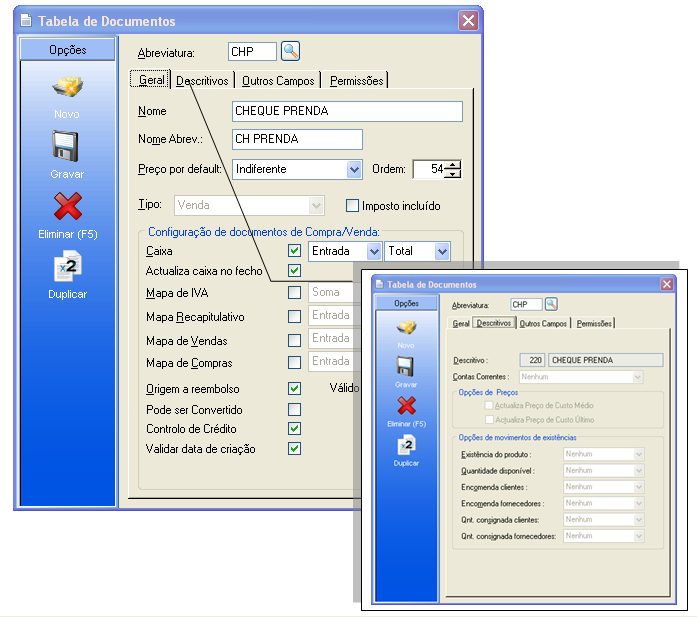 Na imagem acima é ilustrada a configuração do documento Cheque Prenda com sigla CHP, esta sigla é opcional, poderá ser adoptada uma outra.