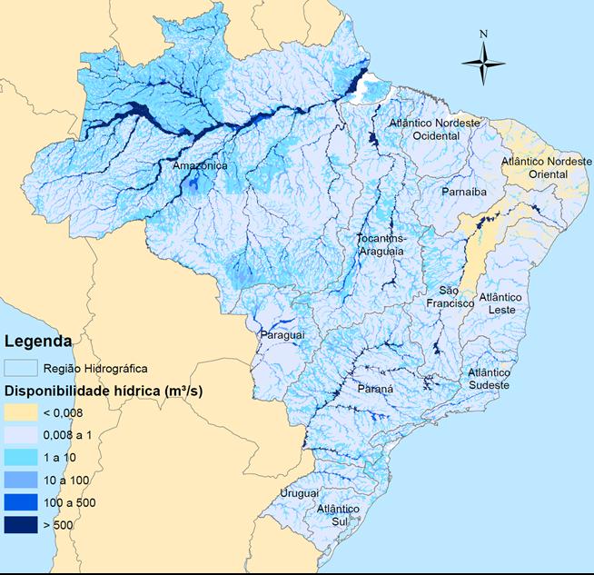 Disponibilidade Hídrica Disponibilidade hídrica superficial (vazão média): ~ 180,000 m3/s 12% da disponibilidade do