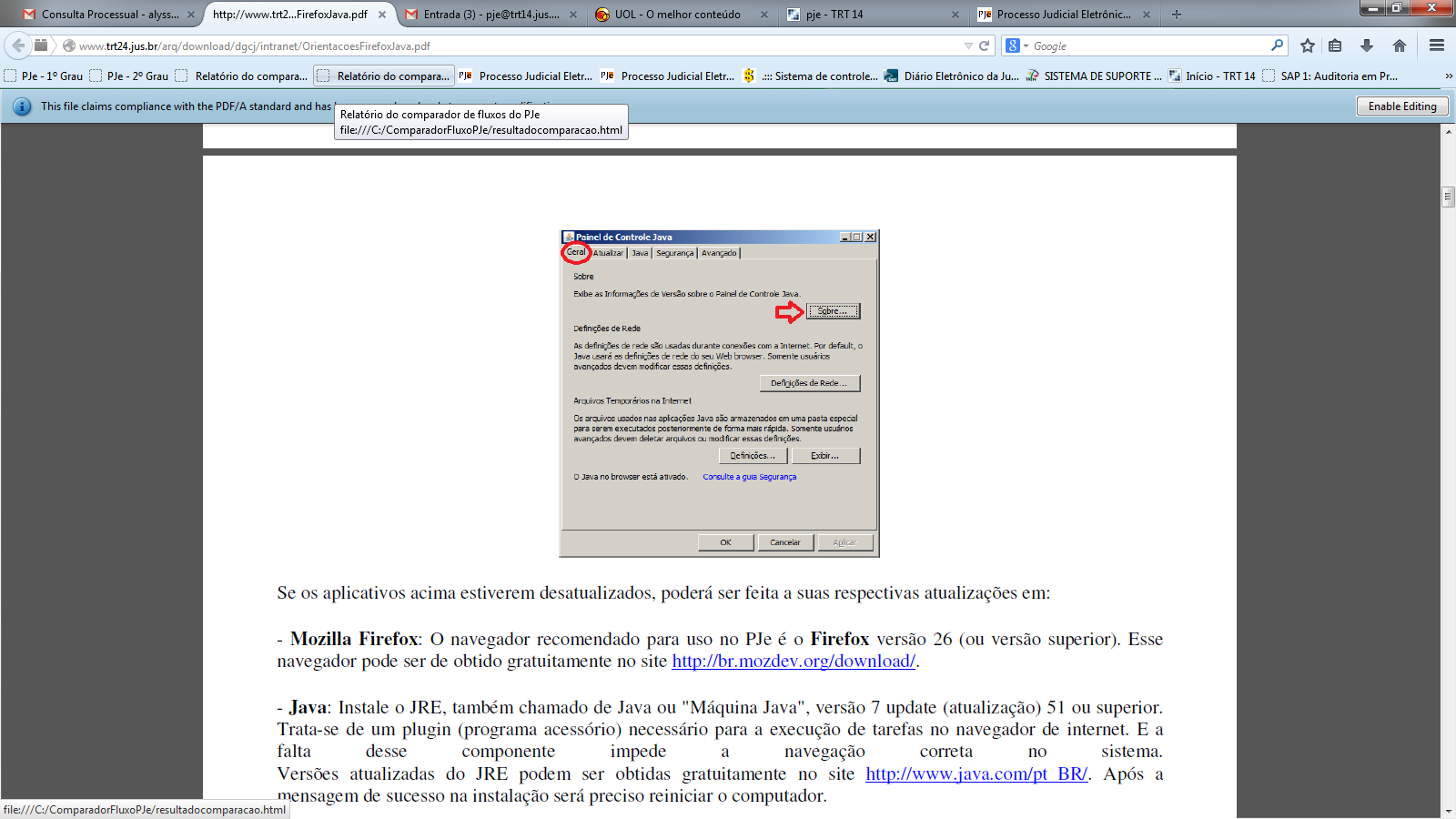 Se os aplicativos acima estiverem desatualizados, poderá ser feita a suas respectivas atualizações em: - Mozilla Firefox: O navegador recomendado para uso no PJe é o Firefox versão 26 (ou versão