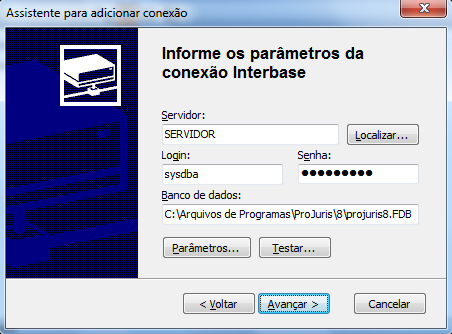 P á g i n a 19 Para esse caso, selecione a opção Interbase, logo após em Avançar Nessa tela que será configurado propriamente dito onde o ProJuris irá conectar, os campos são os seguintes: (dados da