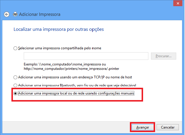 Na próxima tela clique em A impressora que desejo não está na lista. Após isso selecione a opção Adicionar uma impressora local ou de rede usando configurações manuais e clique em avançar.