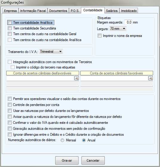 Naturezas por defeito Quando estas opções destacadas a encarnado em cima estão ativadas podemos controlar se uma conta por defeito deve ser movimentada a débito ou a crédito e/ou ser alertados quando