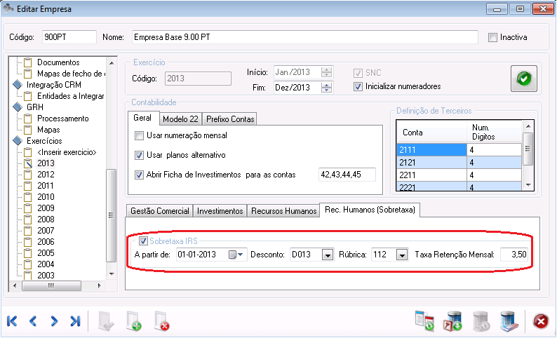 7.2 Funcinament n ERP eticadata 7.2.1 Cnfiguraçã (Sbretaxa) Na cnfiguraçã ds exercícis, n administradr, Rec.