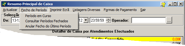 Conforme podemos ver na imagem seguinte a data do último período fechado da Farmácia é o dia 10/12/2012 às 19:19:47 e a data em que estamos a efectuar a consulta é o dia 11/12/2012 às 10:23:41.