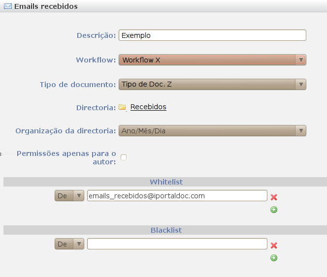 2.2. MENU DEFINIÇÕES 59 Figura 2.59: Exemplo de Configuração 1 Os e-mails recebidos da conta B@iportaldoc.com, vão seguir o workflow Y com o tipo de doc.