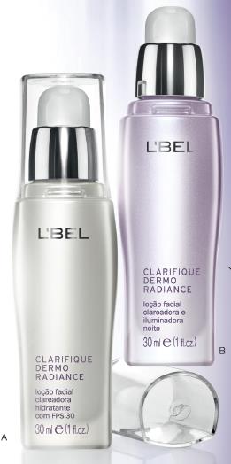 A linha L Bel Clarifique Dermo Radiance é composta por dois produtos: A - Loção Facial Clareadora Hidratante com FPS 30 B - Loção Facial Clareadora e Iluminadora Noite São duas