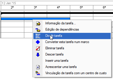 104 Fig. 6.72 A primeira tarefa (Movimento de terras) terá duas fases distintas. Para efectuar a divisão da tarefa devese utilizar a função Dividir tarefa do menu contextual da tarefa.