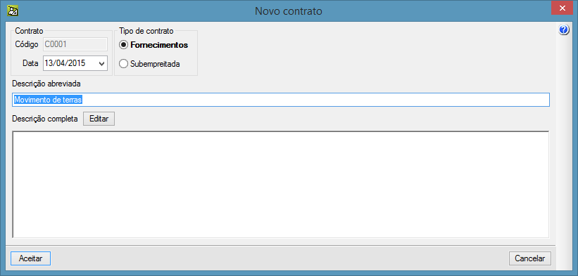 118 Fig. 6.111 Seguidamente devem ser introduzidos os dados do contrato a criar.