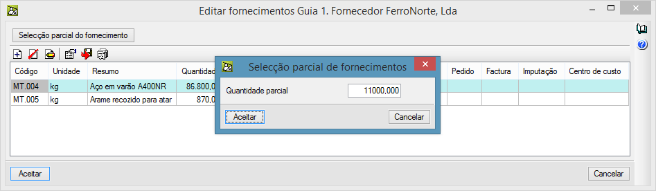 138 Fig. 6.156 O fornecedor não entregou a totalidade da quantidade contratada. Assim é necessário ajustar os fornecimentos que fazem parte da Guia. Prima sobre o botão Editar fornecimentos. Fig. 6.157 A quantidade entregue foi de 11 toneladas de aço em varão A400 e 110 kg de arame recozido.