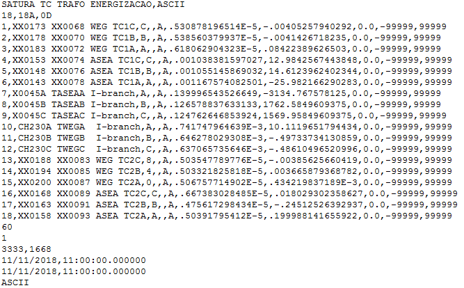 124 6.3.3 Arquivo de dados (.dat) O arquivo de dados contém a magnitude das amostras dos canais descritos no arquivo.cfg em cada passo do tempo de simulação.