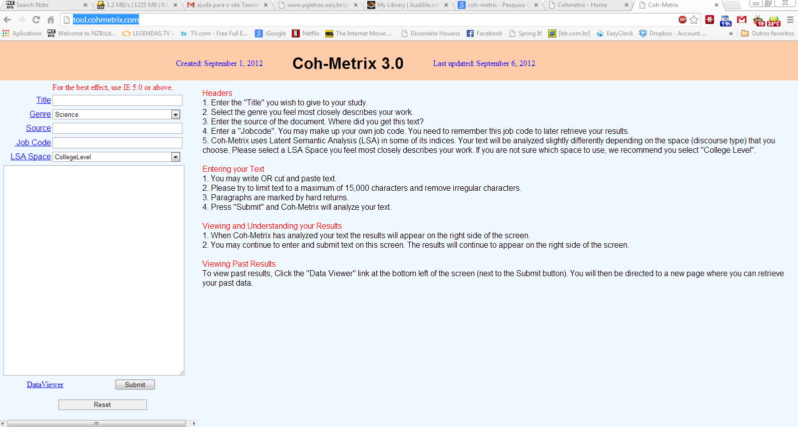 Etapa 2: Materiais ferramentas: Coh-Metrix http://tool.cohmetrix.