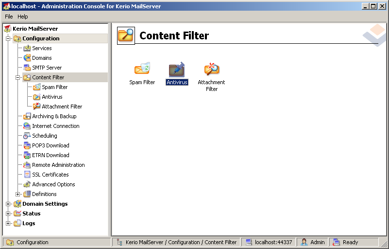 7. AVG para Kerio MailServer 7.1. Configuração O mecanismo de proteção antivírus está integrado diretamente na aplicação do Kerio MailServer.