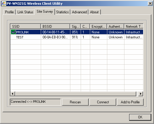 PV-WN321G 54M Wireless USB Adapter User Guide 3.3 Site Survey Click the Site Survey tab of the Utility and the Site Survey screen will appear, figure 3-5.