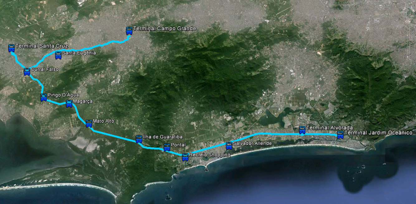 O primeiro BRT implantado foi o Transoeste (Figura 2), inaugurado em 6 de junho de 2012, ligando o bairro de Santa Cruz ao Terminal Alvorada, na Barra da Tijuca.