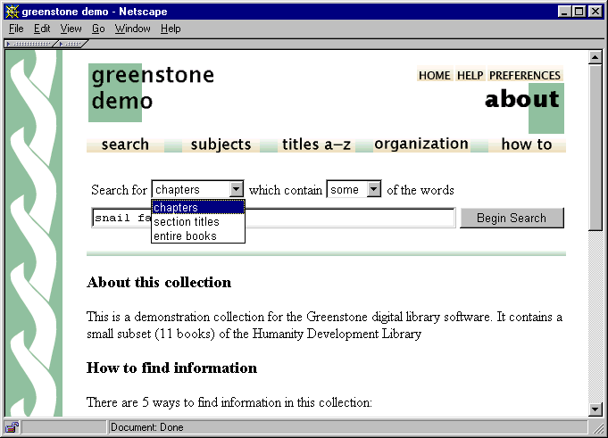 Figura 3.4 - Interface principal de uma biblioteca digital de demonstração no Greenstone Na interface da Figura 3.