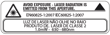 Avisos e etiquetas sobre laser Não olhe para as lentes do laser. Não olhe diretamente para o feixe de laser. Não remova as etiquetas de atenção do laser do MX8.