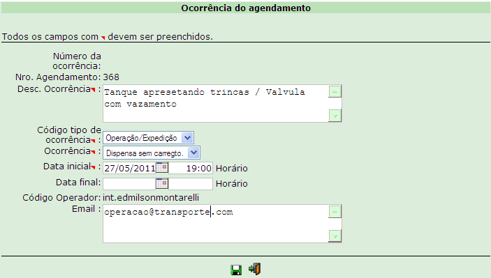 Figura 14.18: Lista de Remessas / Agendamentos - Ocorrências de Agendamento Selecionado um Agendamento será possível visualizar / incluir / encerrar uma ocorrência ao clicar no ícone. Figura 14.