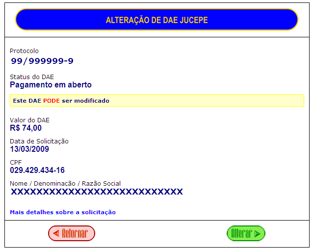 Na tela seguinte são mostradas as informações do DAE inicial. Note que também é exibida a informação sobre o status do pagamento do DAE.