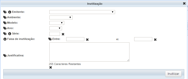 Essa funcionalidade lista os pedidos de inutilização de faixas de numeração. Ao abrir o menu pelo Inutilizações, como mostra o destaque 1 da Figura 7.
