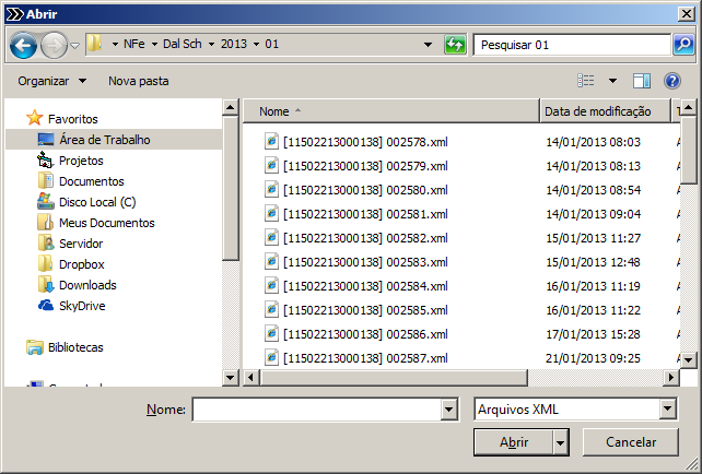 Menu XML Adicionar Adiciona um novo arquivo XML no sistema. Ao clicar nesta função será exibida uma caixa de diálogo para que seja localizado o arquivo.