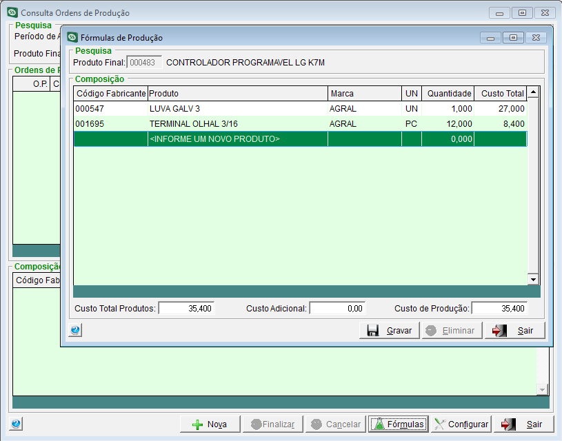 57 Figura 59 Tela Fórmulas de Produção Após gerar a ordem de produção e cadastrar a fórmula para o produto final, basta informar o produto final e a quantidade a ser produzida.