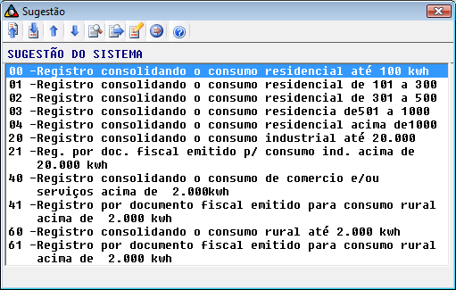 Código da Classe de Consumo: Informar o código correspondente a classe de consumo, apresentada no documento fiscal. Acionar a tecla F2 para consultar os códigos válidos.