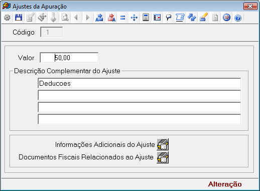 Código do Ajuste: O valor informado no campo deve existir na tabela de código do ajuste da apuração e dedução de cada Secretaria de Fazenda, conforme a UF do declarante, ou, não havendo esta tabela,