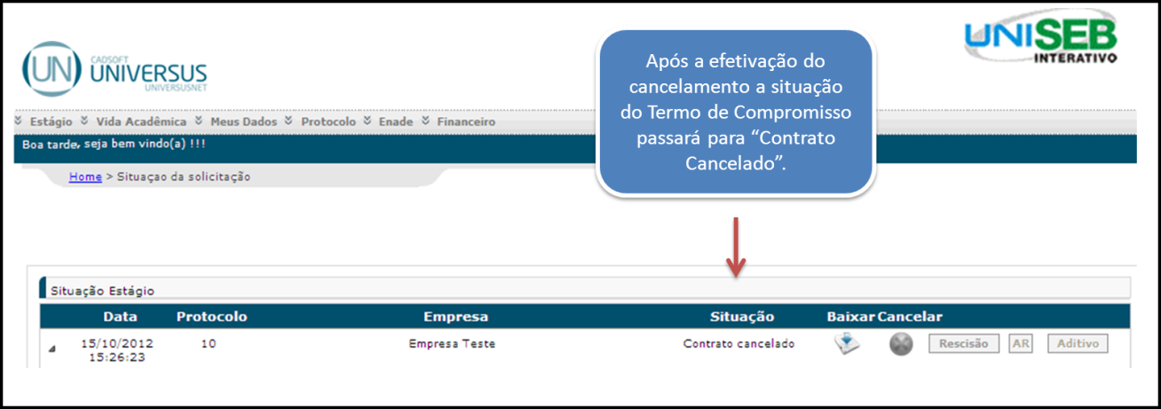 o cancelamento do Termo de Compromisso de Estágio,