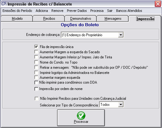 Impressão de Recibos> Laser com Balancete Quando já tiver um balancete fechado, você poderá encaminhar os boletos com o balancete impresso.