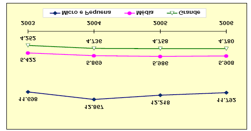 44 queda de 613, em termos absolutos, correspondendo a uma redução de 2,6%. Gráfico 05: Exportação Brasileira por Porte de Empresa Número de Empresas 2003 a 2006 Fonte: MDIC/SECEX (2007).