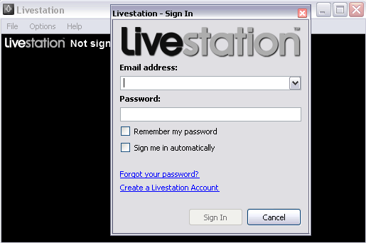 1. Ao finalizar a instalação do programa, surgirá a janela abaixo, clique em '' Create a Livestation Account'' conforme a imagem