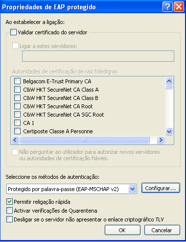 Desmarcar a opção Validar certificado do servidor, de