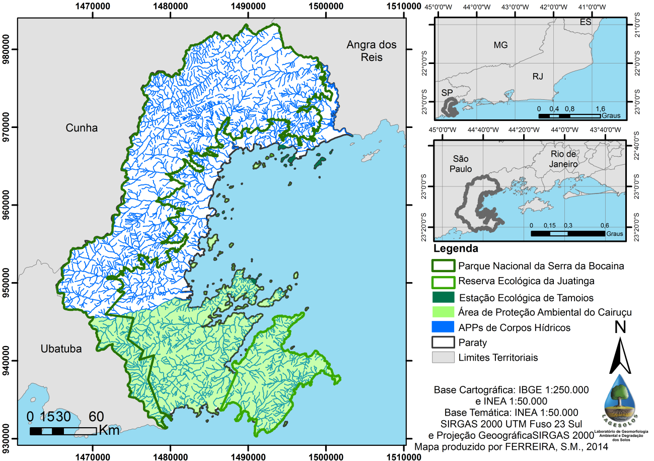 Figura 1: Áreas de Preservação Permanente (APPs) de corpos hídricos e Unidades de Conservação Estaduais e Federais em Paraty.