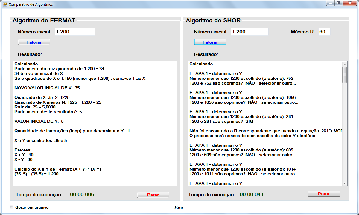 apresentados, mas se executarmos o programa várias vezes para o mesmo número, teremos outros resultados de fatores e também de tempo de execução devido a forma probabilística de escolha do y.