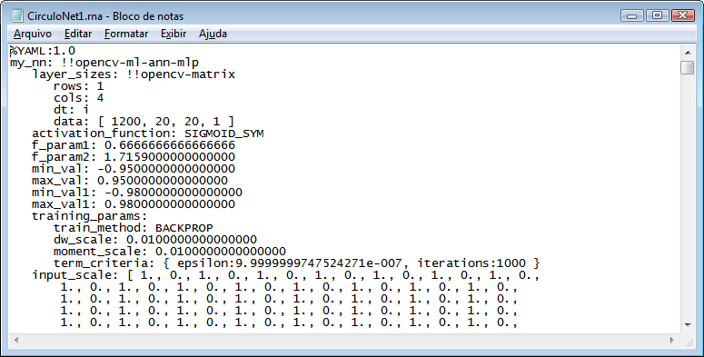 52 Figura 16. Exemplo de arquivo de configurações e pesos de uma RNA No caso deste projeto, utilizou-se 4 vídeos de cada tipo de padrão para treinamento (círculos, retângulos e triângulos).